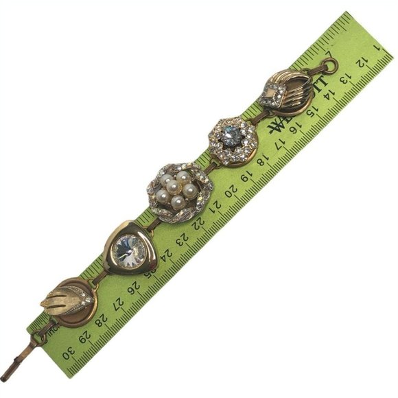 Vintage Earring Bracelet Pearl, Rhinestone, Bold Gold Setting - Picture 7 of 7